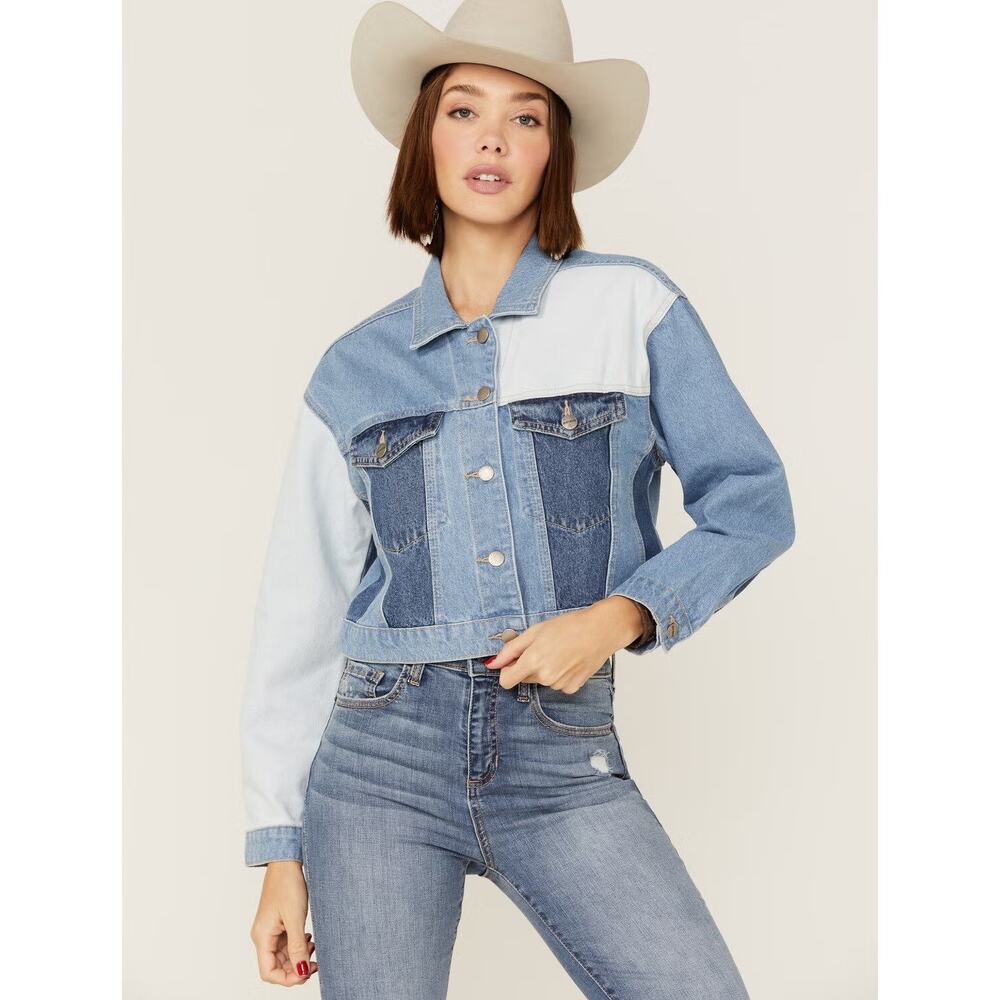 Driftwood Cotton Colorblock Cropped Denim Jean Jacket Blue White Western M